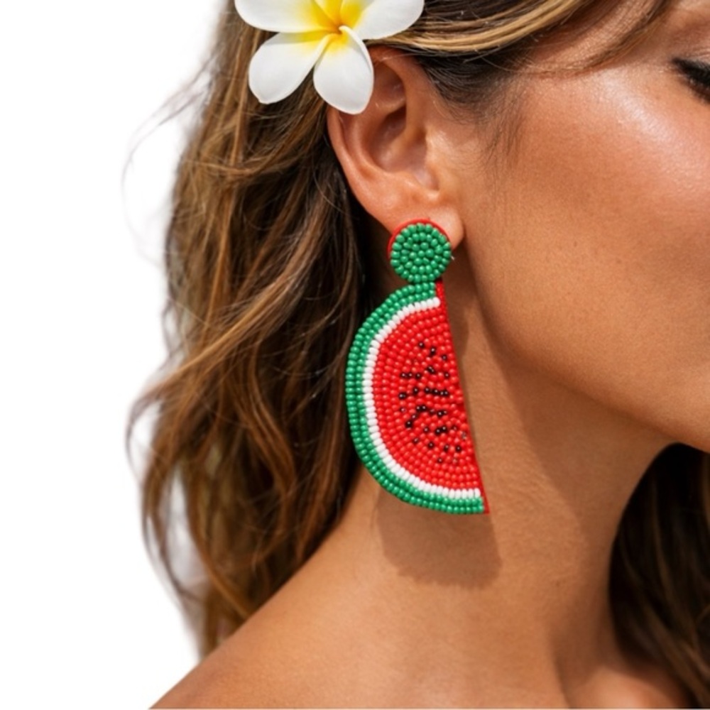 Watermelon Earrings Hand Beaded  Tropical Vacation Fruit Statement Jewelry | NWT